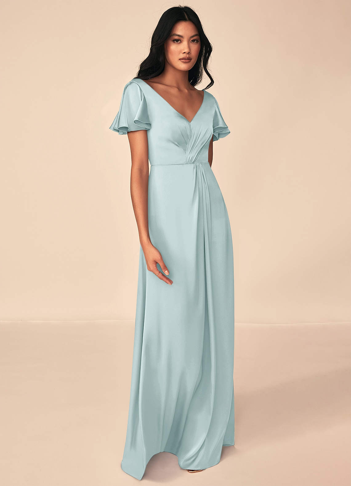 Wedding Sparkly Silver Bridesmaid Dresses Azazie A-Line V-Neck Floor-Length  Stretch Satin Bridesmaid Dresses Mist