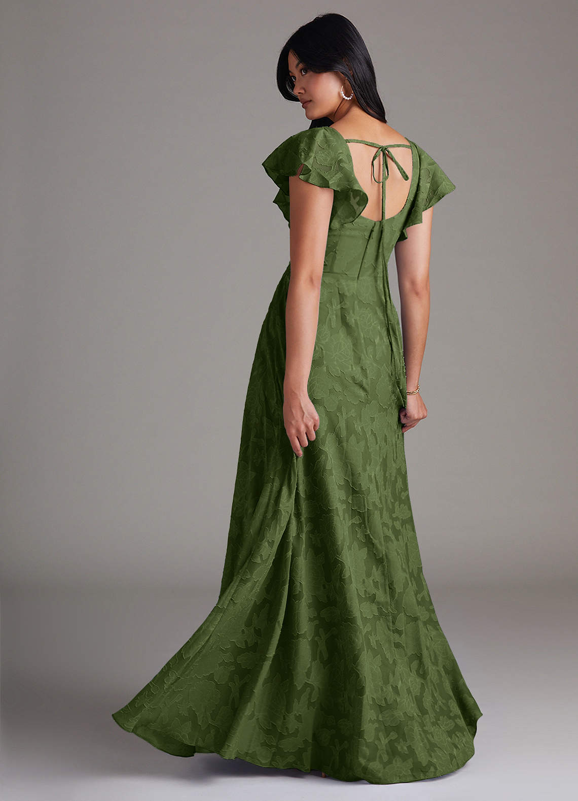 Azazie Bondi Vestidos de madrinha de casamento Vestido Oliva de Esgotamento Floral de Linha A com Fenda Lateral image2