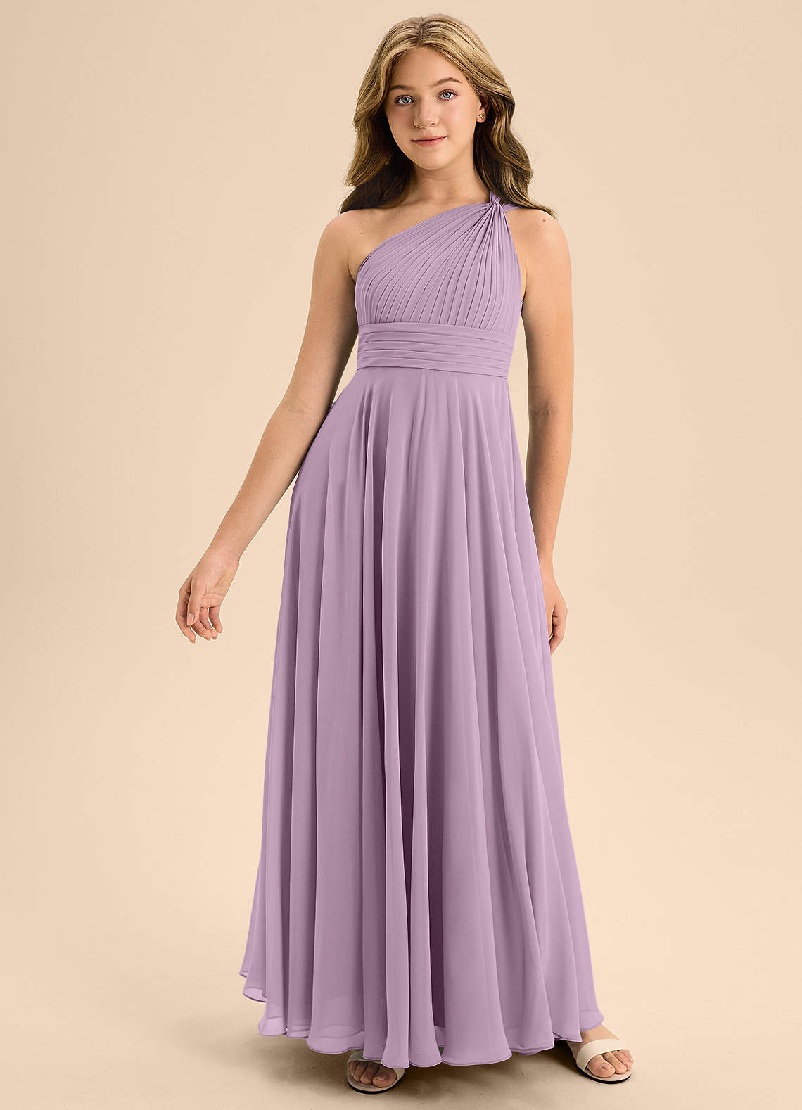 Azazie Charlize Junior Vestido Glicínia de Chiffon de Linha A com Plissado image2