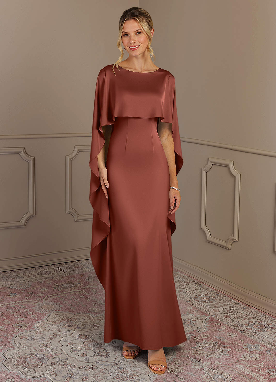Azazie Eli Mother of the Bride Dresses Auburn Sheath Boatneck Stretch Satin Dress image1