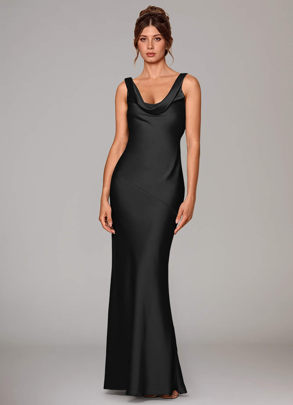 Azazie Rylina Vestidos de madrinha de casamento Vestir Preto de Cetim elástico de sereia image1