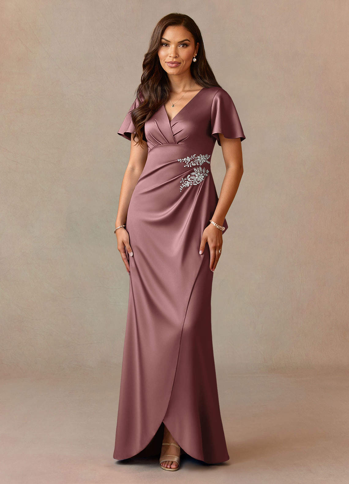 Azazie Robins Mother of the Bride Dresses Vintage Mauve A-Line Pleated Stretch Satin Dress image1