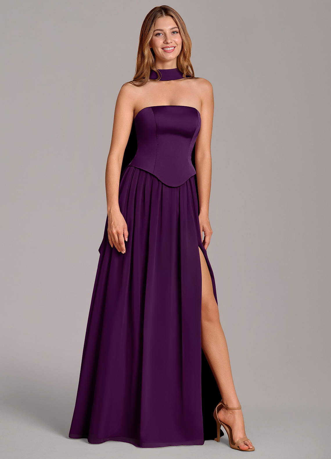 Azazie Cadence Bridesmaid Dresses Grape A-Line Corset Stretch Satin Convertible Dress image1