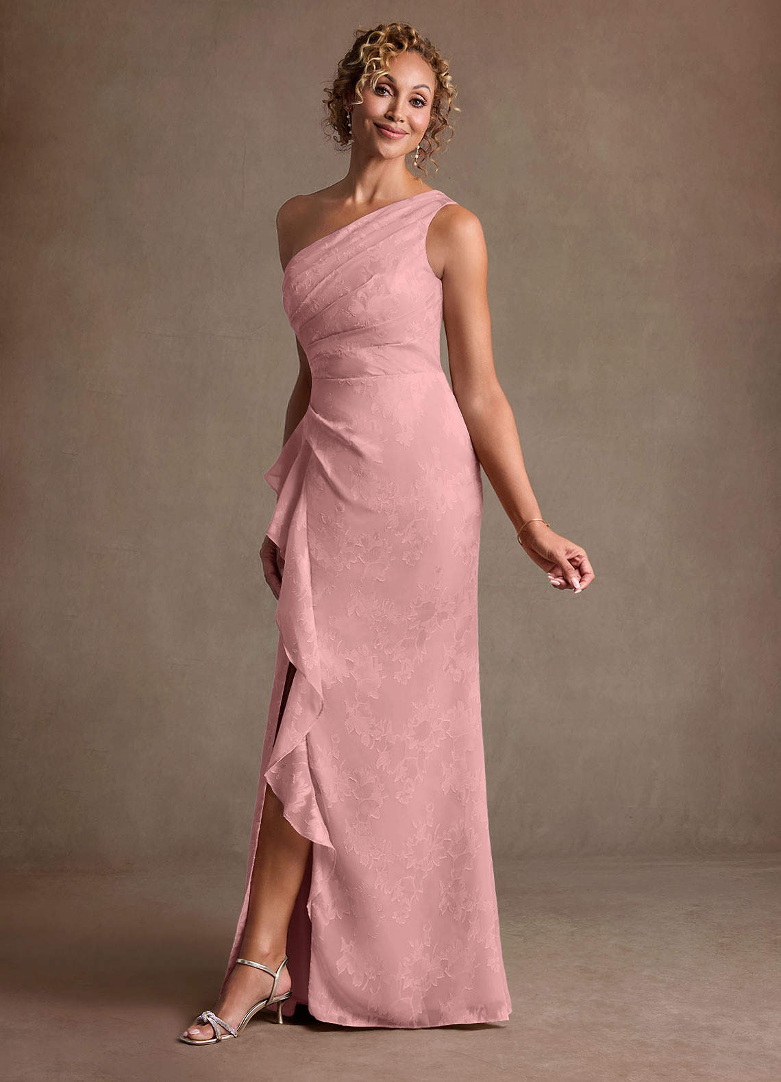 Azazie Galinda Dusty Rose Sheath One Shoulder Floral Jacquard
