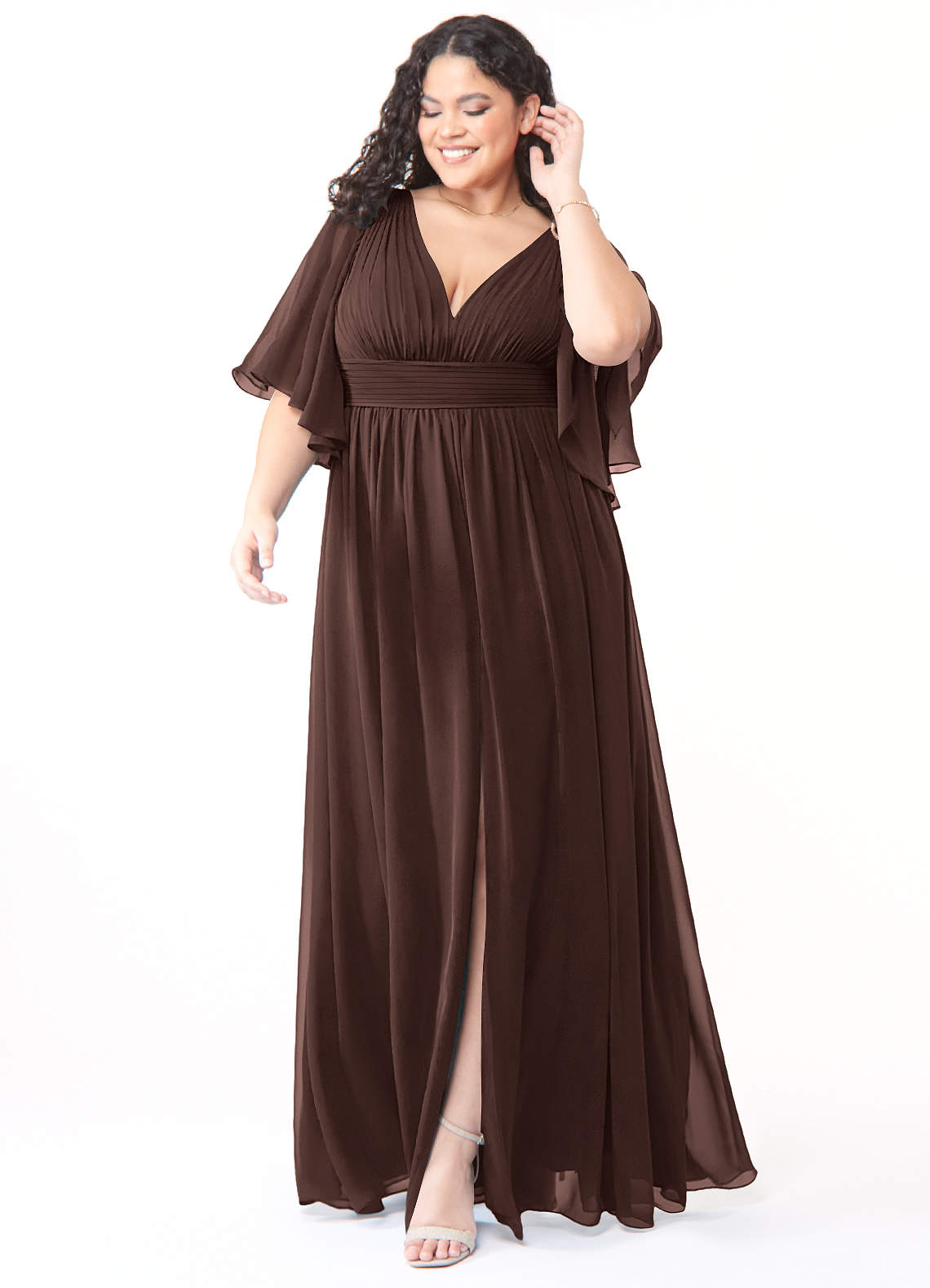Azazie Temeka Robes de demoiselle d'honneur Robe Trapèze en Mousseline de soie Drapé Ganache image1