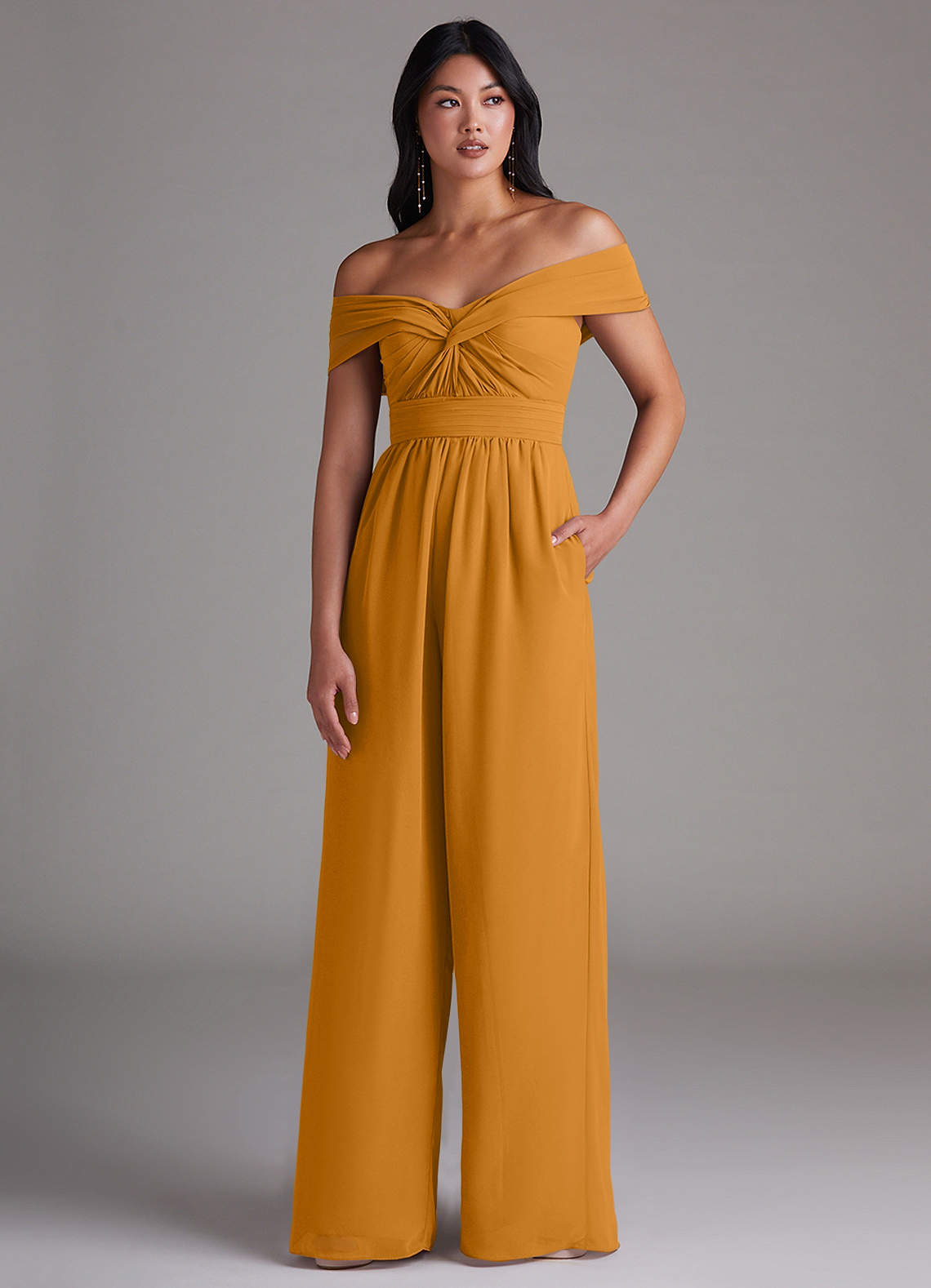 Azazie Lamara Bridesmaid Dresses Butterscotch Off the Shoulder Chiffon Convertible Jumpsuit image1