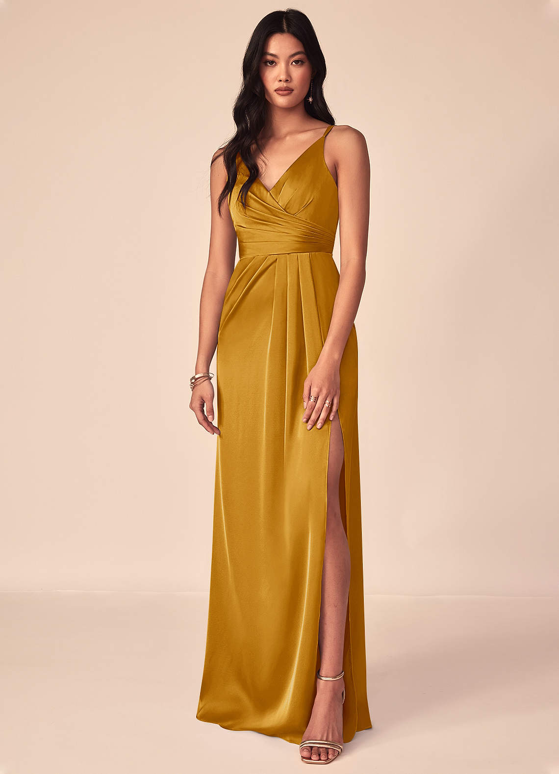 Azazie A-Line V-Neck Floor-Length Stretch Satin Bridesmaid Dresses Butterscotch Yellow