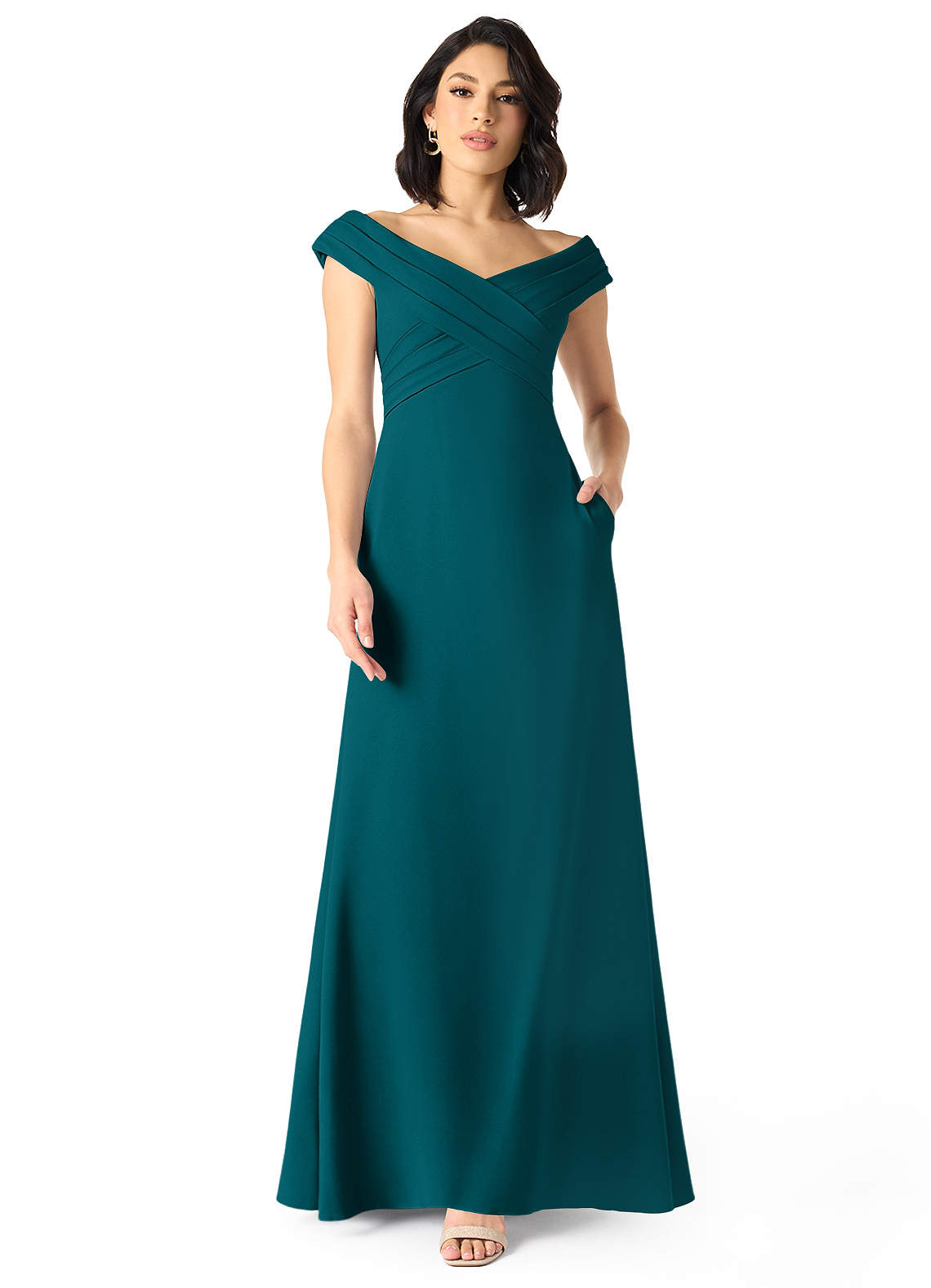 Azazie Evita Bridesmaid Dresses Peacock A-Line Off the Shoulder Stretch Crepe Dress image1
