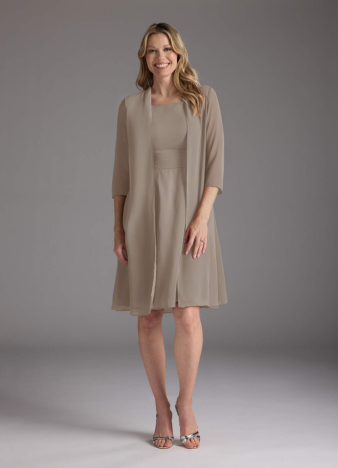 Azazie Shirley Mother of the Bride Dresses Taupe A-Line Scoop Pleated Chiffon Dress image1
