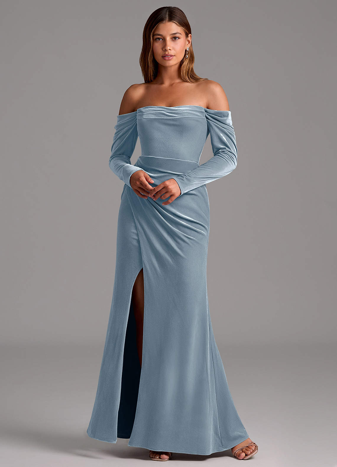Azazie Hallie Ready to Ship Dusty Blue Velvet Bridesmaid Dresses | Azazie Azazie Hallie Ready to Ship Dusty Blue Velvet Bridesmaid Dresses | Azazie