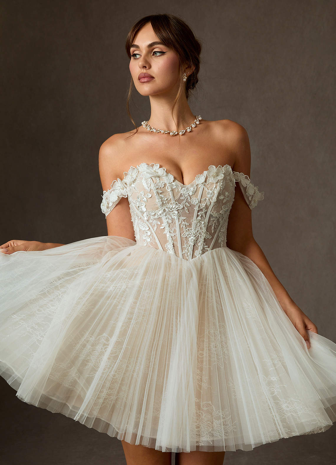 Azazie Sorel Diamond White Nude Ball-Gown Off the Shoulder Lace Dress |  Azazie DE