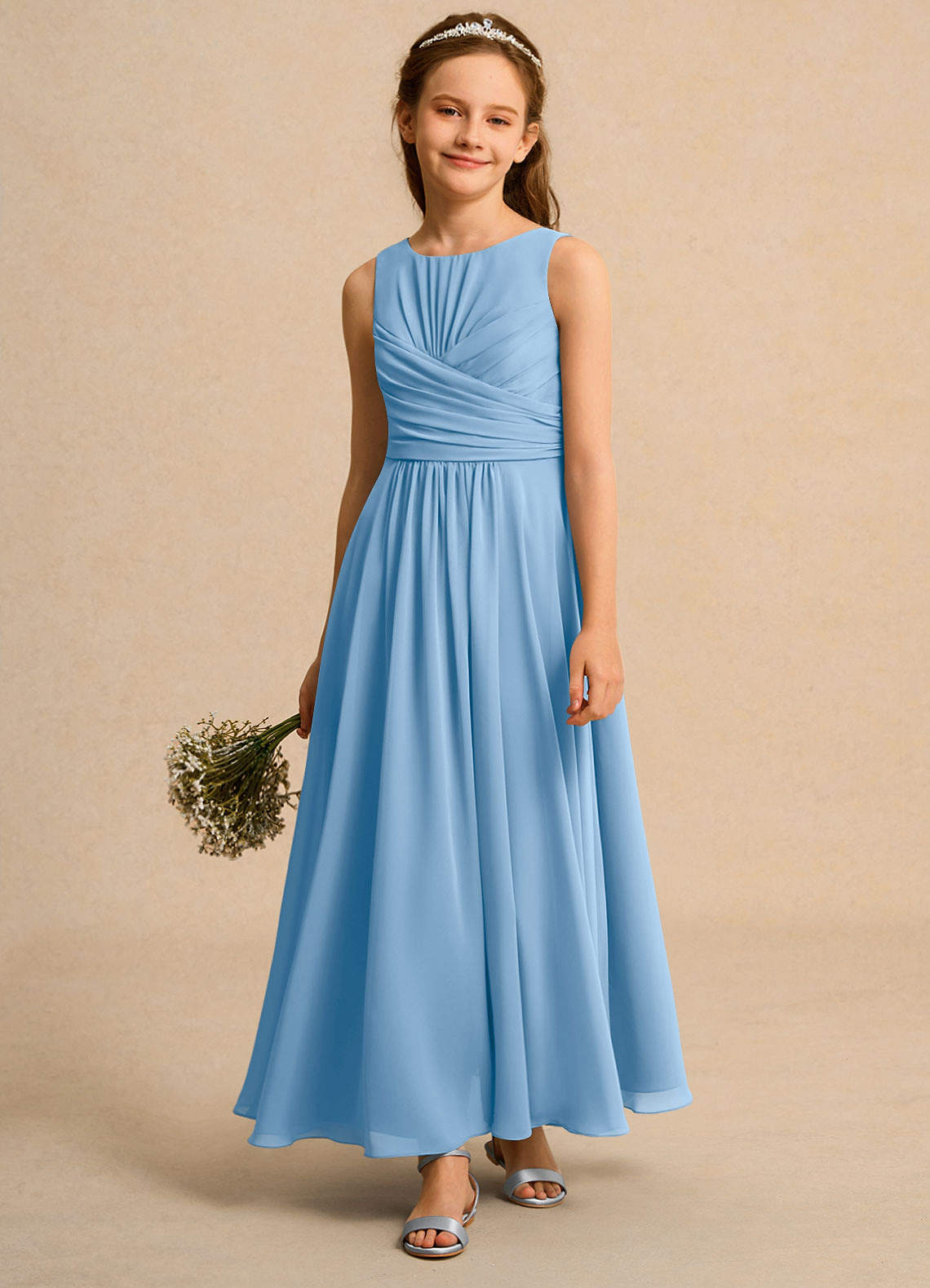 Azazie Ducky Girls Formal Flower Girl Dresses Powder Blue A-Line Pleated Chiffon Dress image3