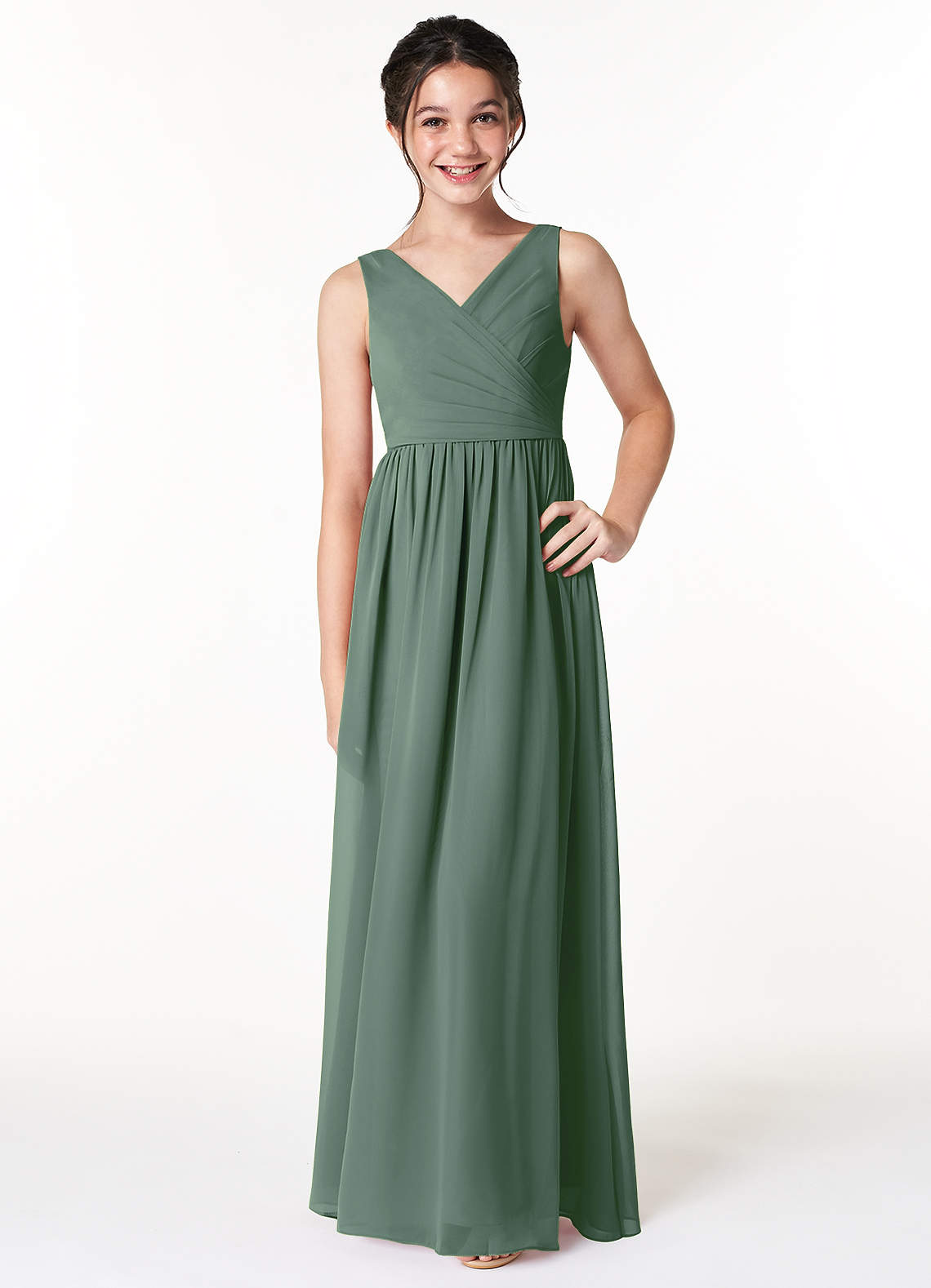 Azazie Sawyer Junior Eucalyptus A-Line Pleated Chiffon Dress image1