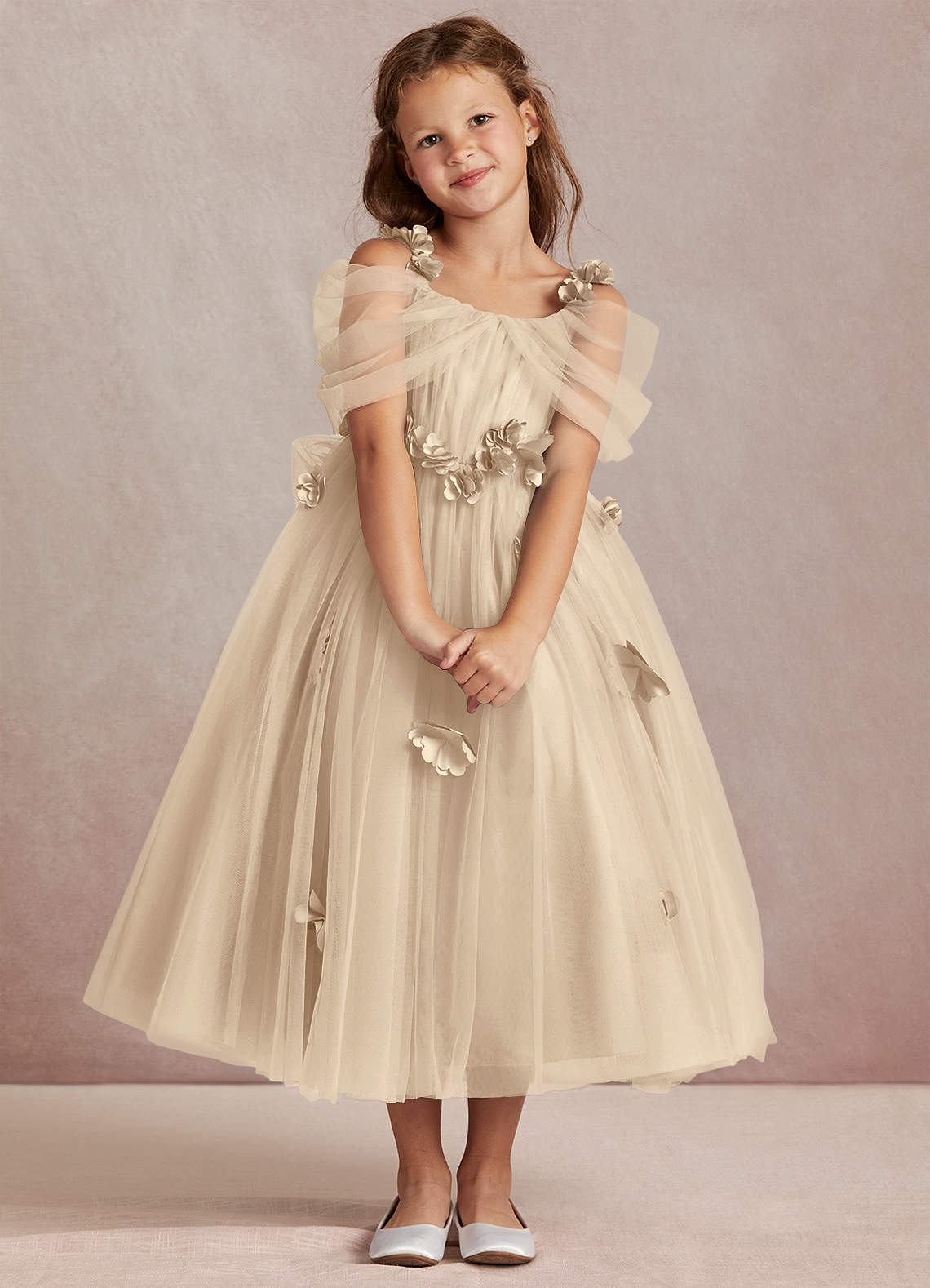Azazie Shaylee Flower Girl Dresses Champagne A-Line Off the Shoulder Tulle Dress image1