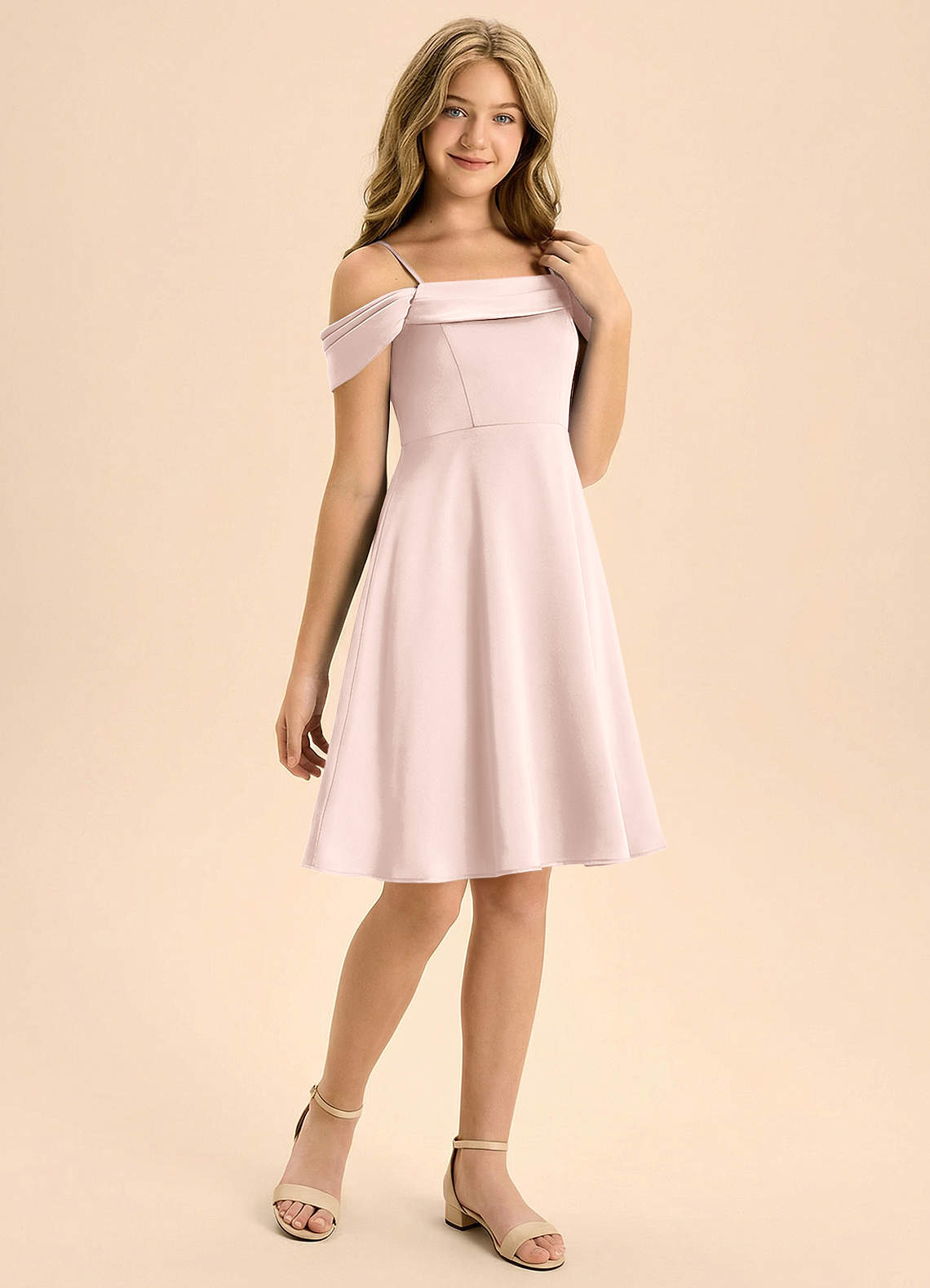 Azazie Anselie Junior Vestido de Rosa Rubor de Satén Elástico de Corte en A con Plisado image5