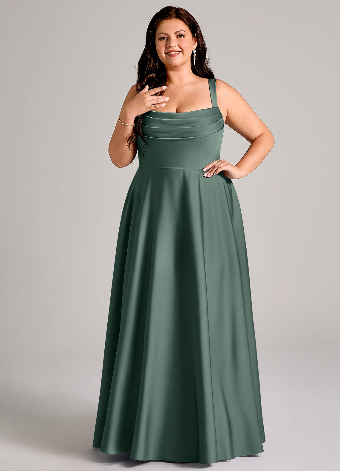 Azazie Shaude Bridesmaid Dresses Sea Moss A-Line Pleated Stretch Satin Dress image1