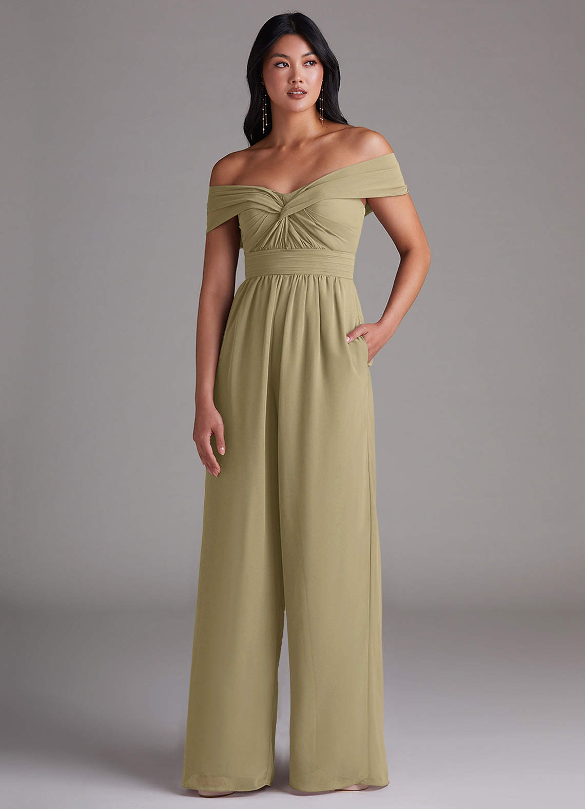 Azazie Lamara Vestidos de damas de honor Musgo Verde de Gasa de Mono Convertible con Vestidos sin tirantes image1