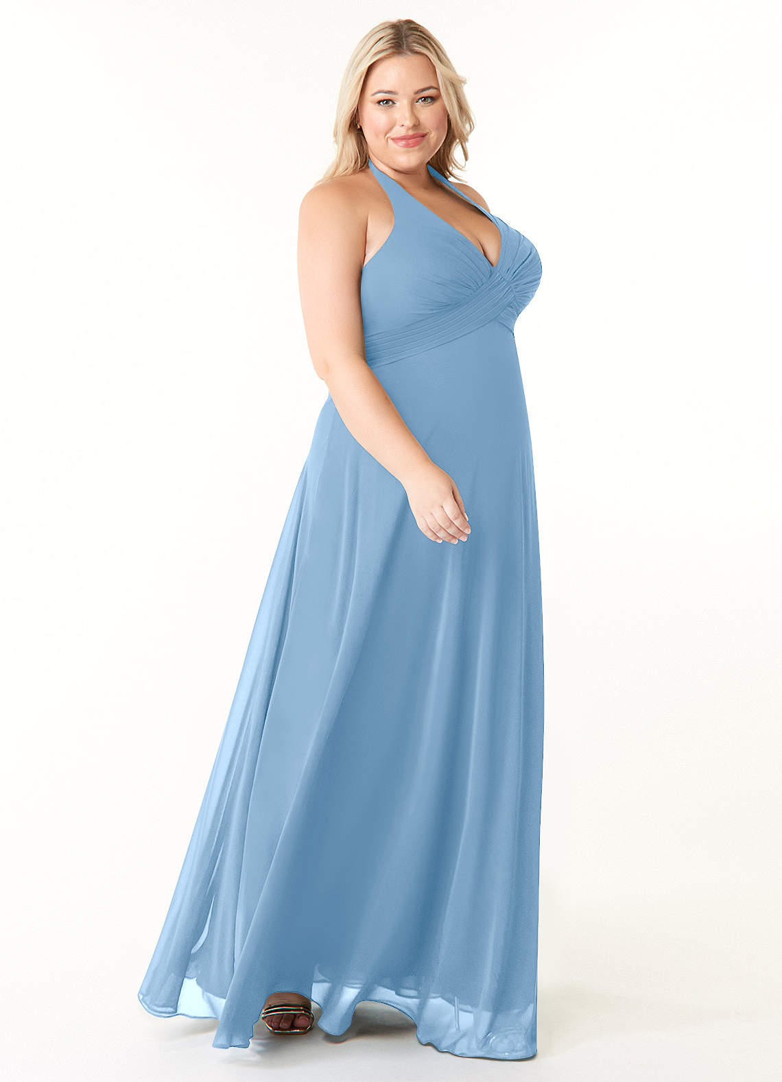 Azazie Tessie At-home Try On Dresses Matcha A-Line V-Neck Pleated Chiffon Dress image7