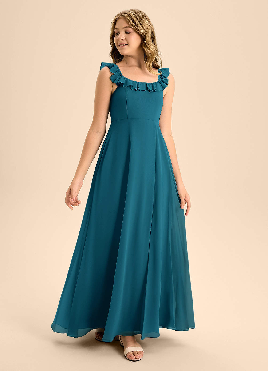 Azazie Callie Junior Abito A-Line in Chiffon Increspato Blu Inchiostro image1