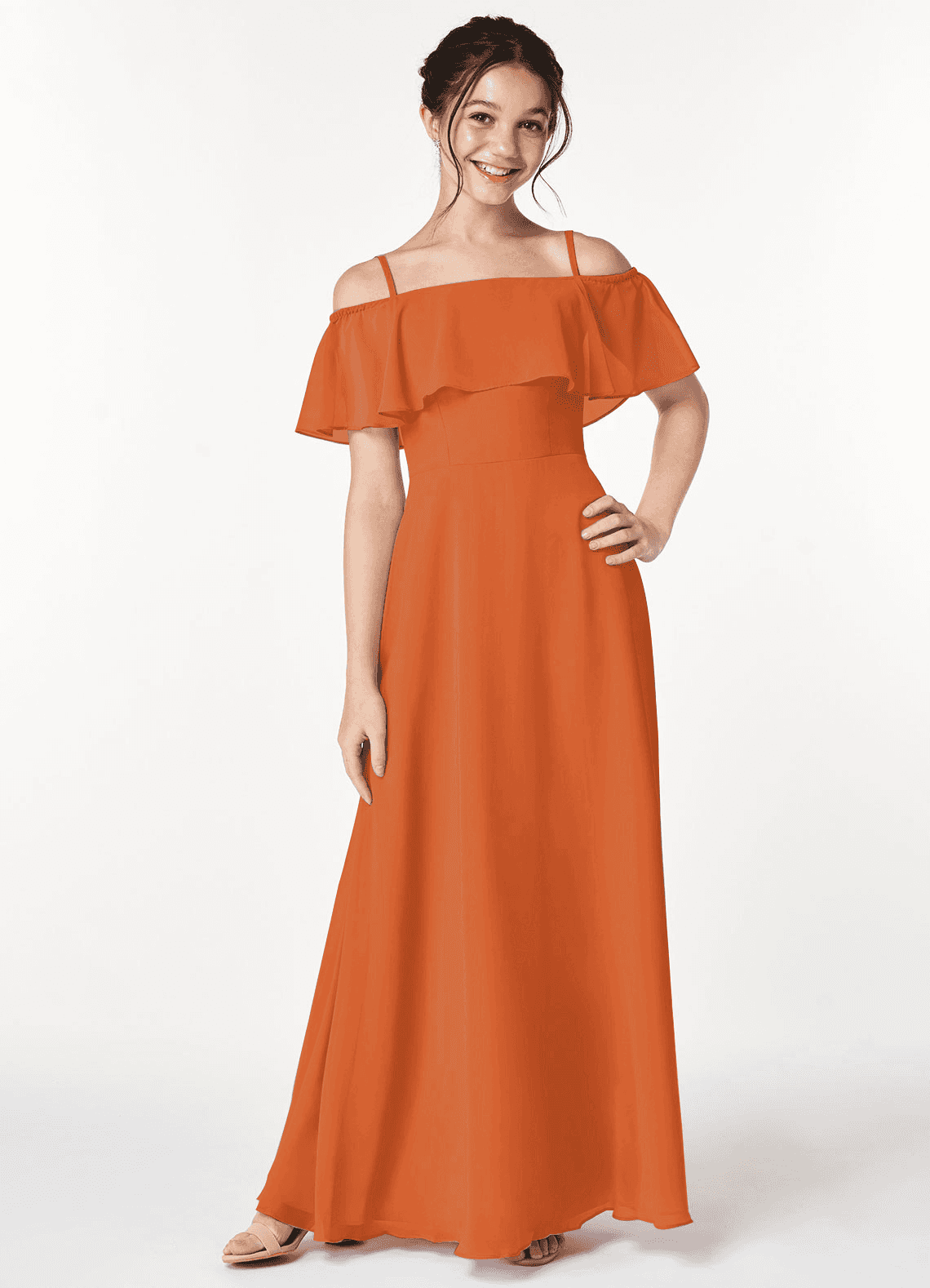 Azazie Maggie Junior Cinnamon A-Line Off the Shoulder Chiffon Dress image1