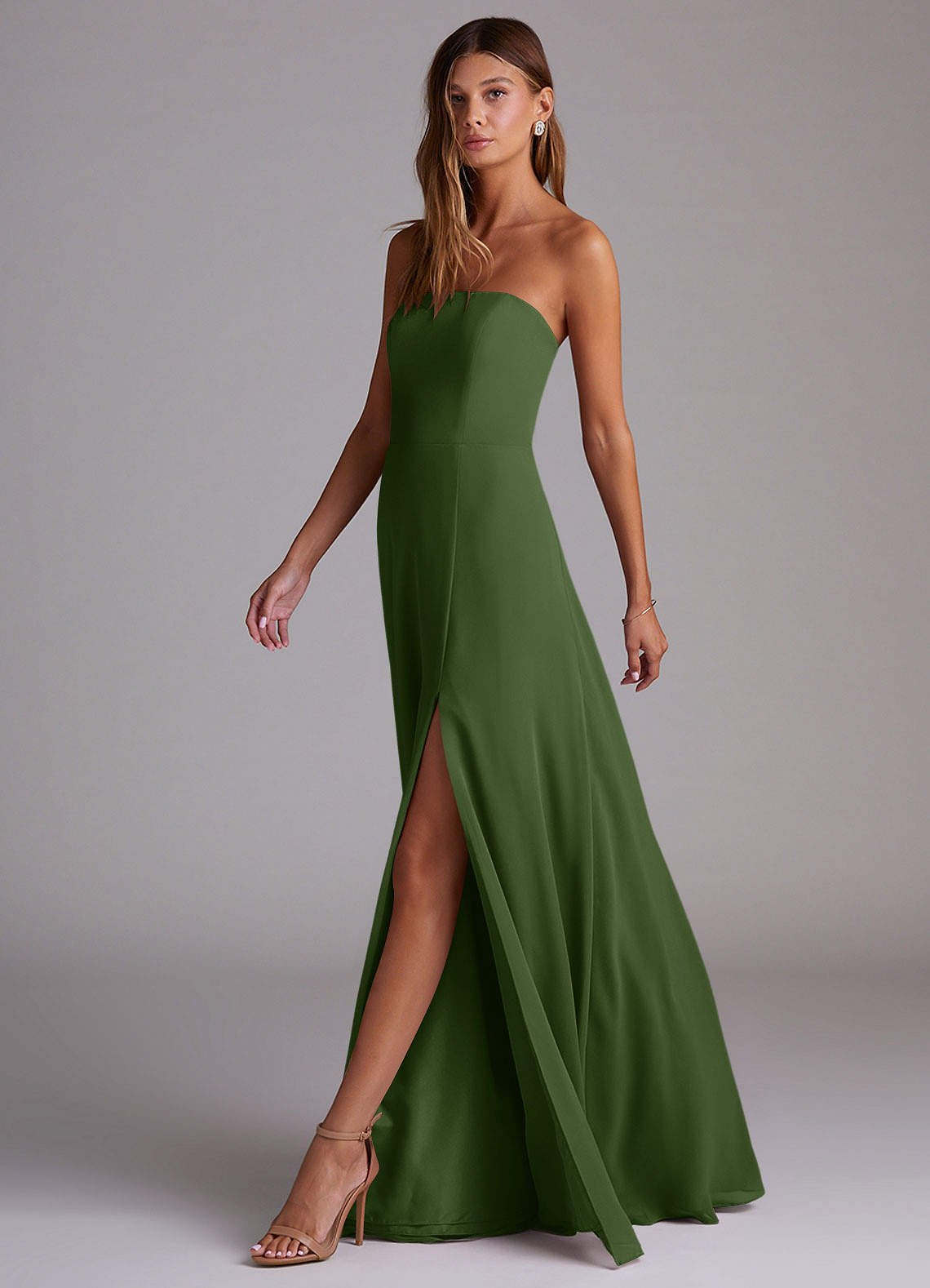 Azazie Wren Abiti da Damigella Abito Convertibile A-Line in Chiffon Spacco Laterale Oliva image3