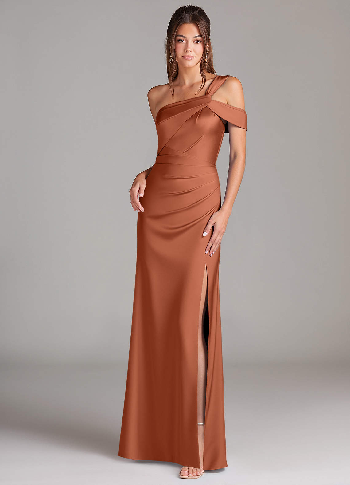 Azazie Wynter Bridesmaid Dresses Cedar Rose Sheath Off the Shoulder Stretch Satin Dress image1