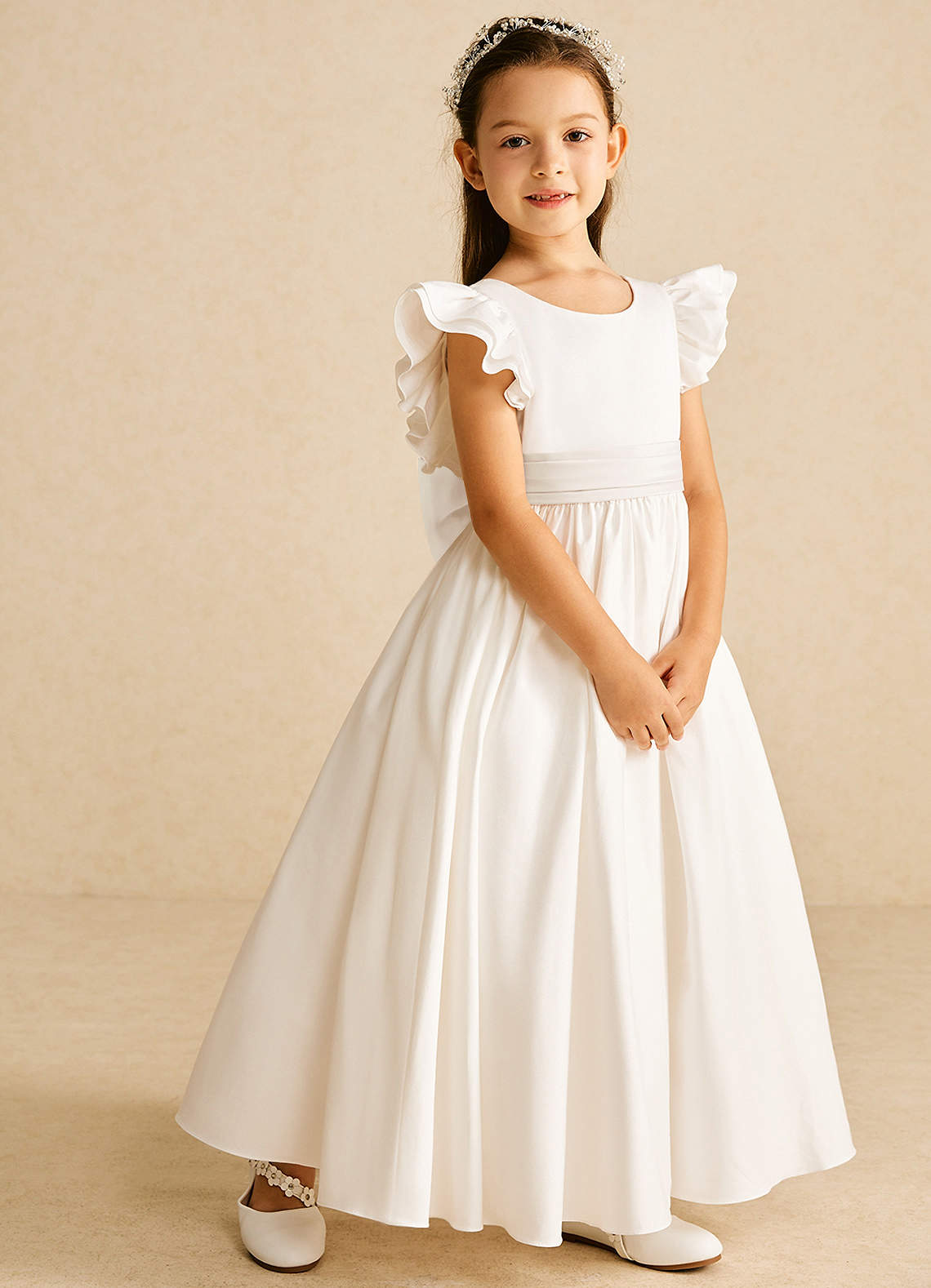 Azazie Aero Flower Girl Dresses Diamond White A-Line Pleated Cotton Dress image4