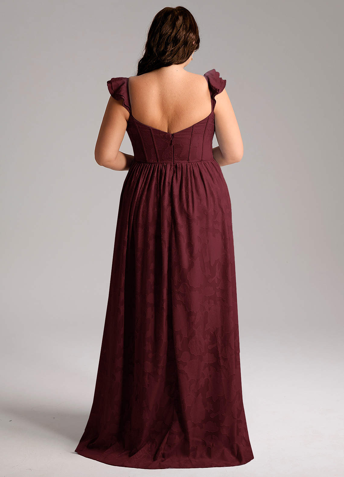 Azazie Denisse Vestidos de damas de honor Vestido de Cabernet de Devorado Floral de Corte en A con Volante image7