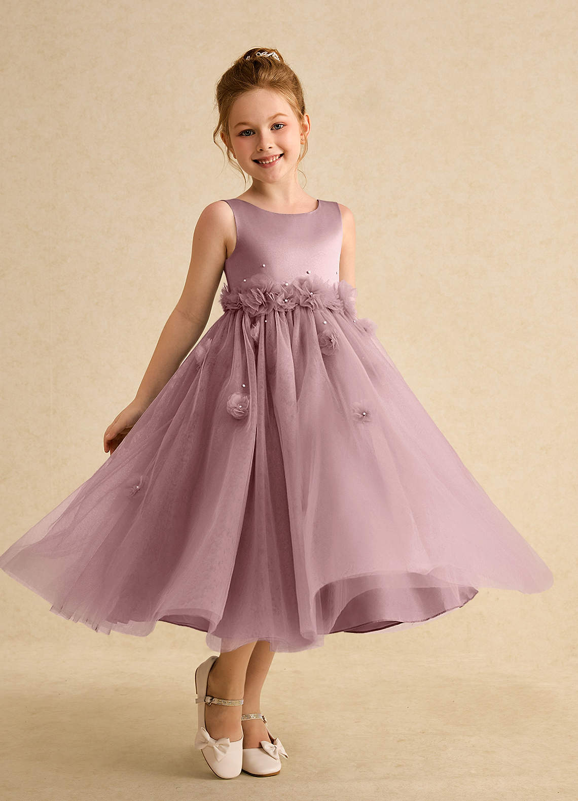 Azazie Lux Flower Girl Dresses Dusty Rose A-Line Beaded Tulle Dress image1