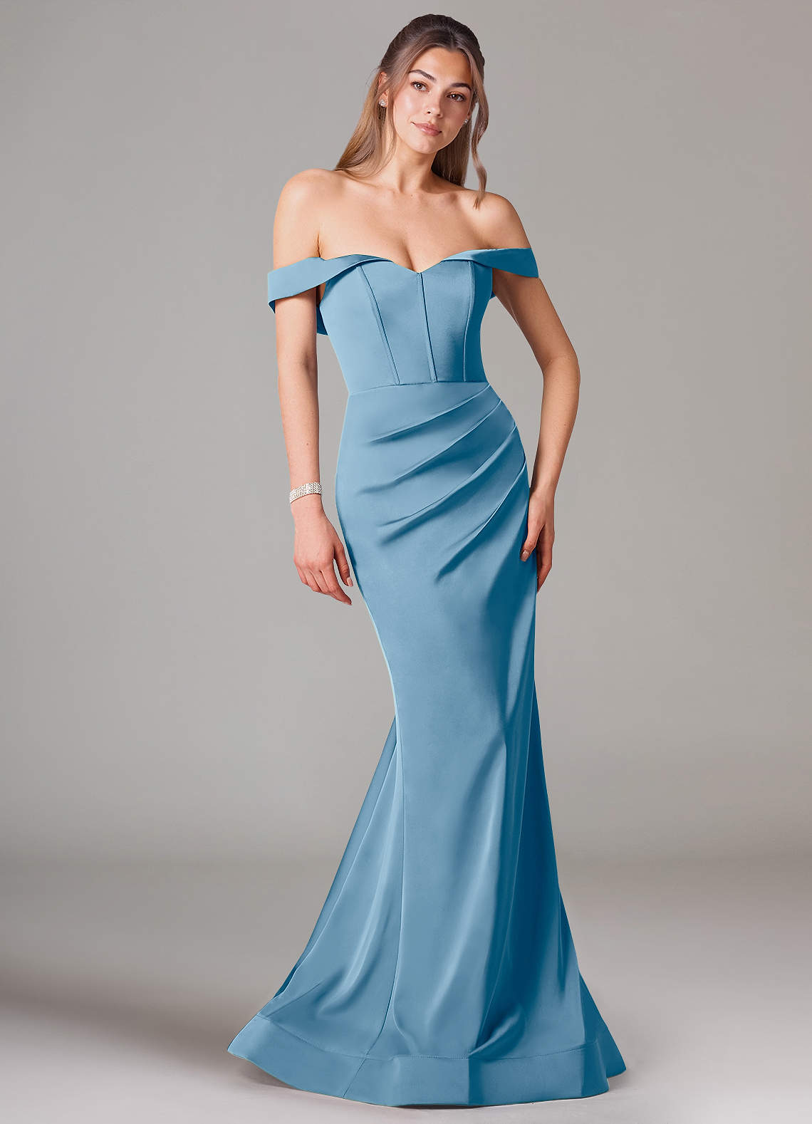 Azazie Everly Jurken voor bruidsmeisjes Converteerbaar Jurk van Stretch Satijn met Zeemeermin Off the Shoulder Staal Blauw image1