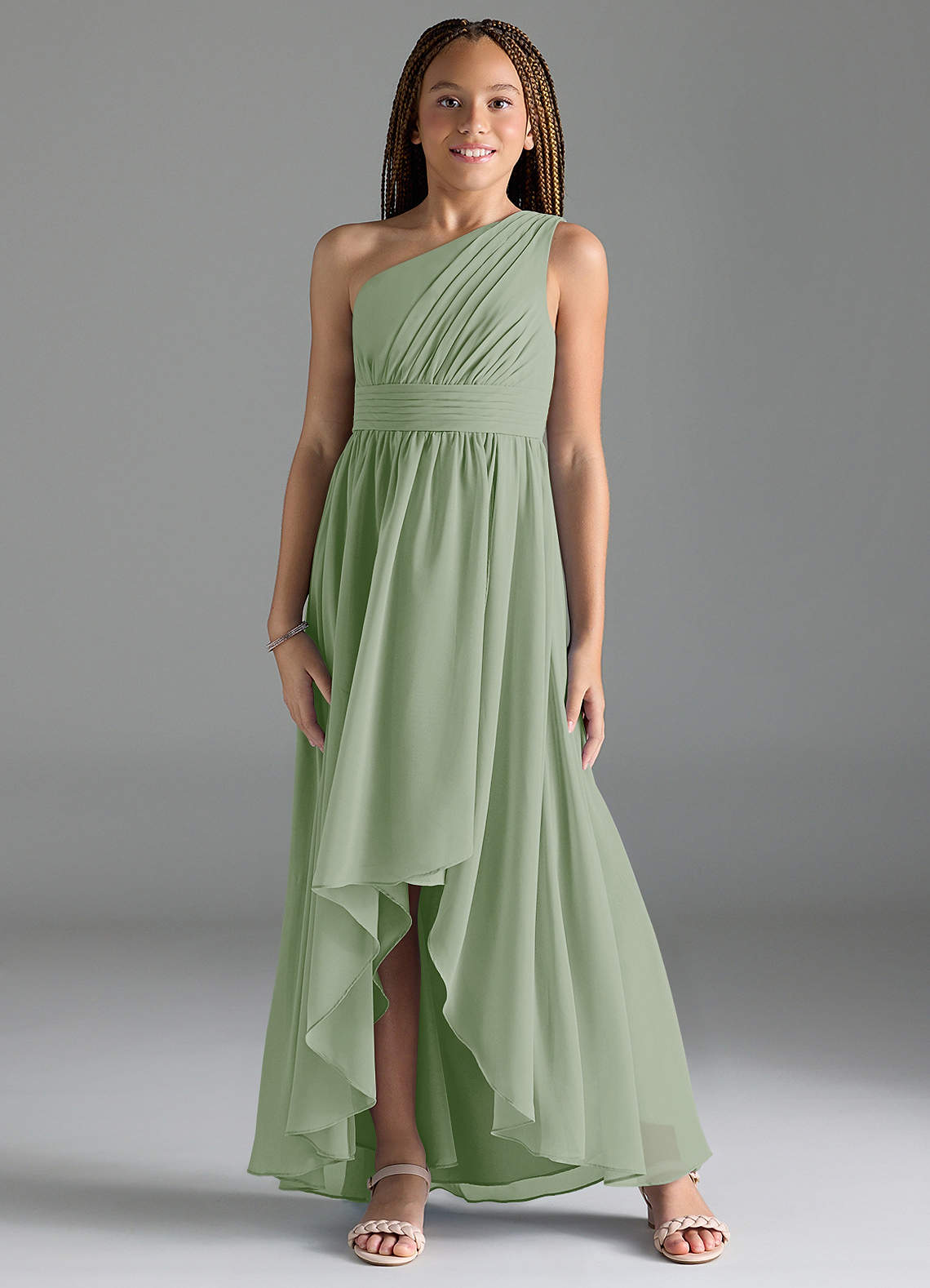 Azazie Mathilda Junior Dusty Sage A-Line Pleated Chiffon Dress image1