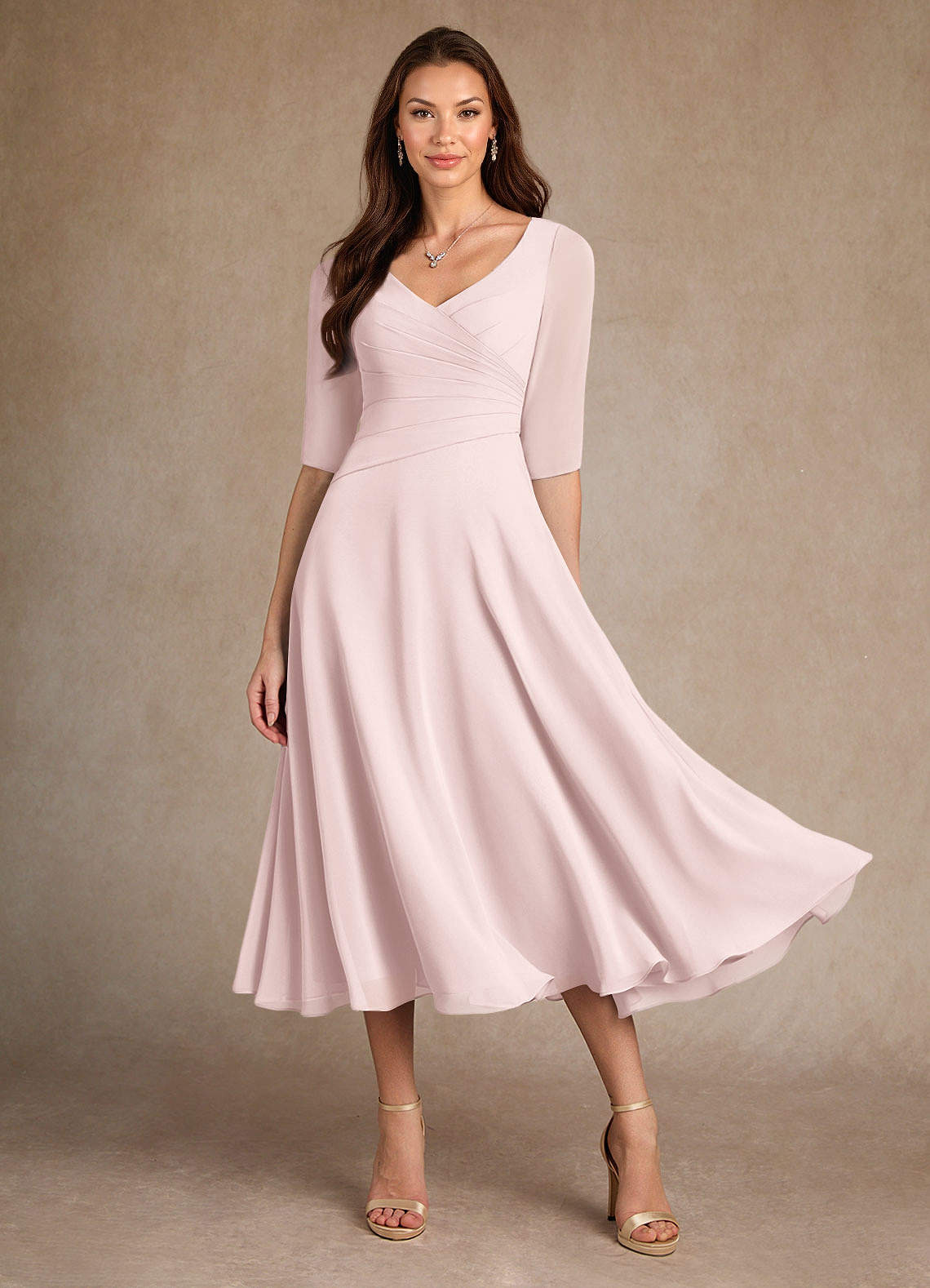 pink chiffon tea length dress Chiffon Tea Length V Neck Mother of The Bride Dress with Capes