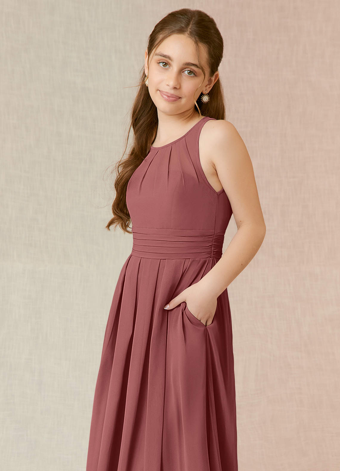 Azazie Bibiane Junior Abito A-Line in Chiffon Plissettato Ametista image13