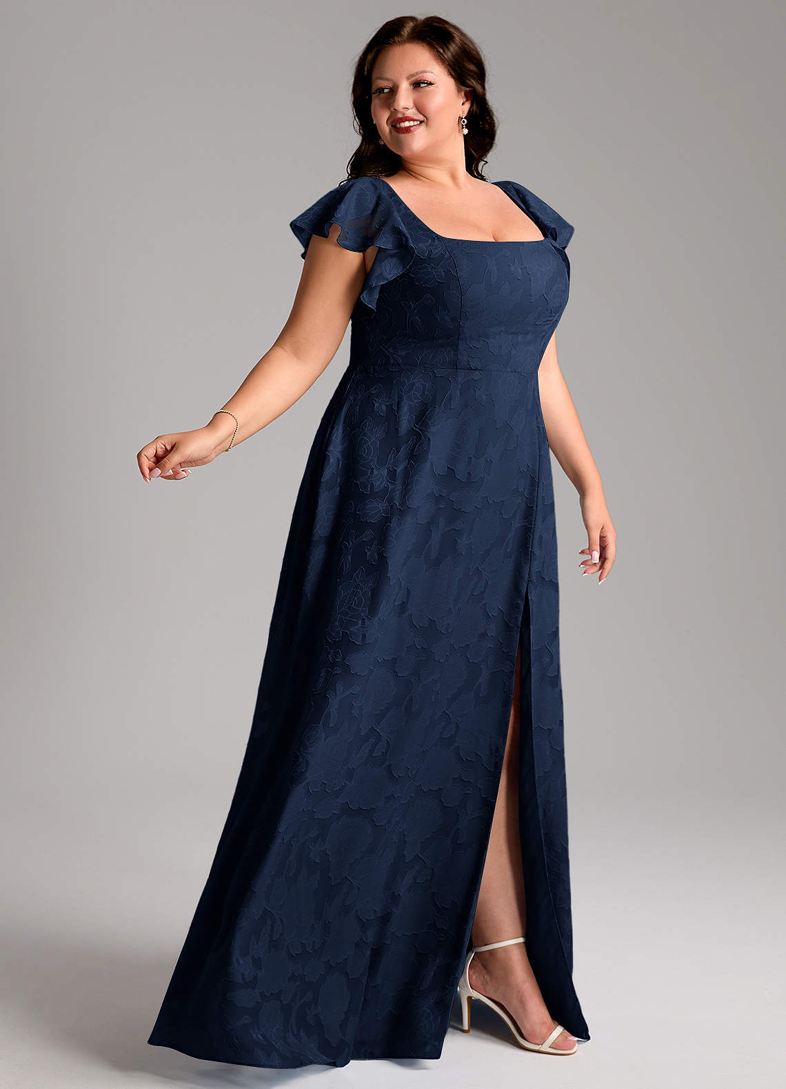 Azazie Bondi Vestidos de madrinha de casamento Vestido Azul Marinho de Esgotamento Floral de Linha A com Fenda Lateral image8