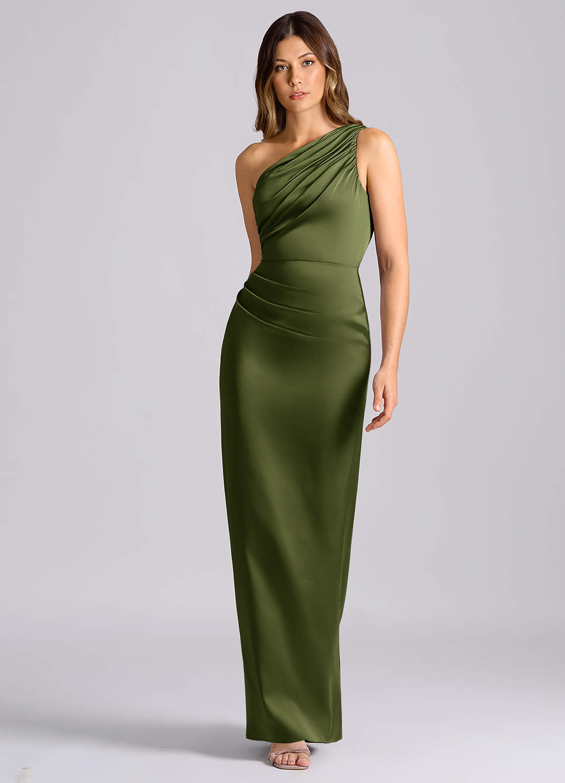 Azazie Akilah Bridesmaid Dresses Olive Mermaid One Shoulder Stretch Satin Dress image3