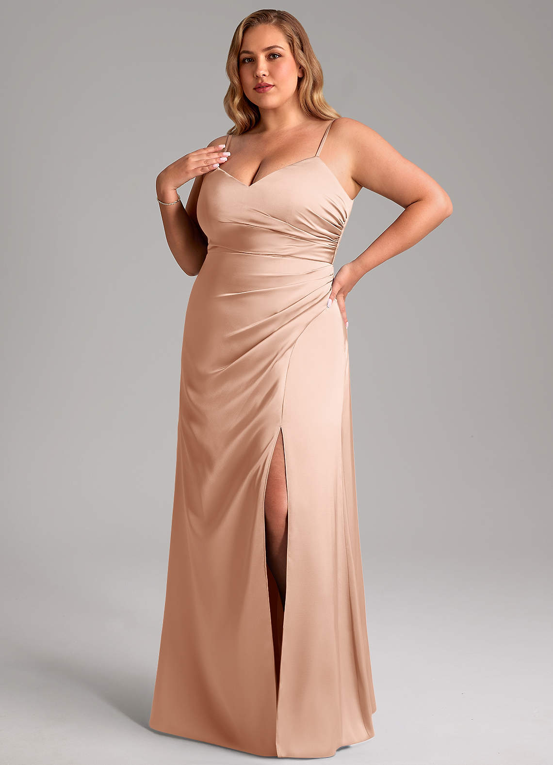 Azazie Azuree Bridesmaid Dresses Rose Gold A-Line Pleated Stretch Satin Dress image1