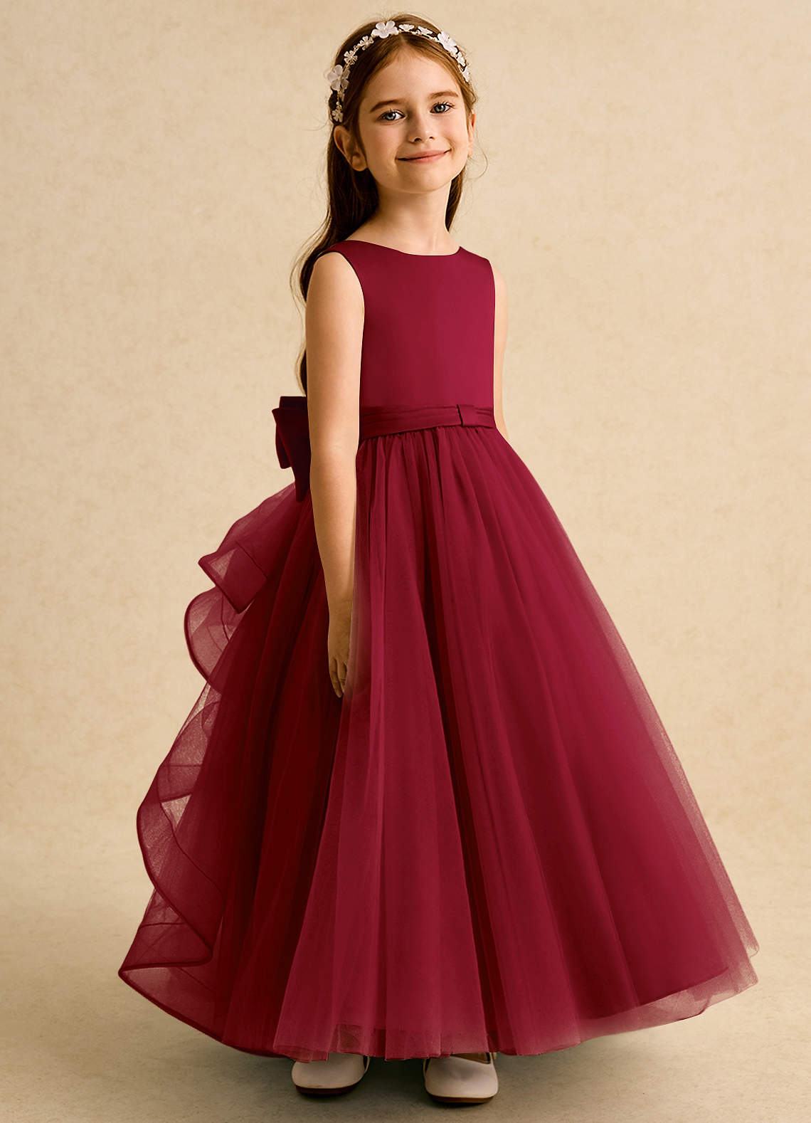 Azazie Lior Flower Girl Dresses Burgundy Ball-Gown Pleated Tulle Dress image2