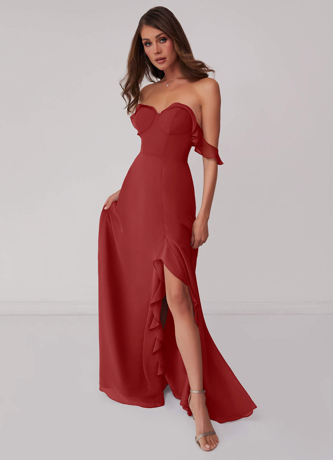 Barbie ♥ Azazie Jurken voor bruidsmeisjes Converteerbaar Jurk van Chiffon met A-Lijn Off the Shoulder Roest image1