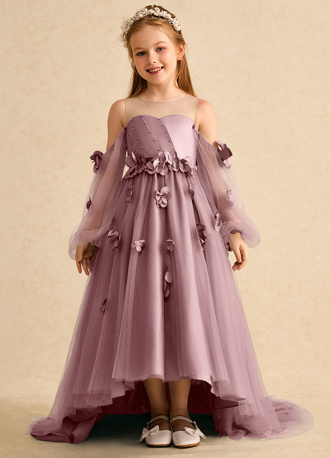 Azazie Karrie Robe Demoiselle D'honneur Fillette Robe Trapèze en Tulle avec manches Rose Poussiéreuse image1