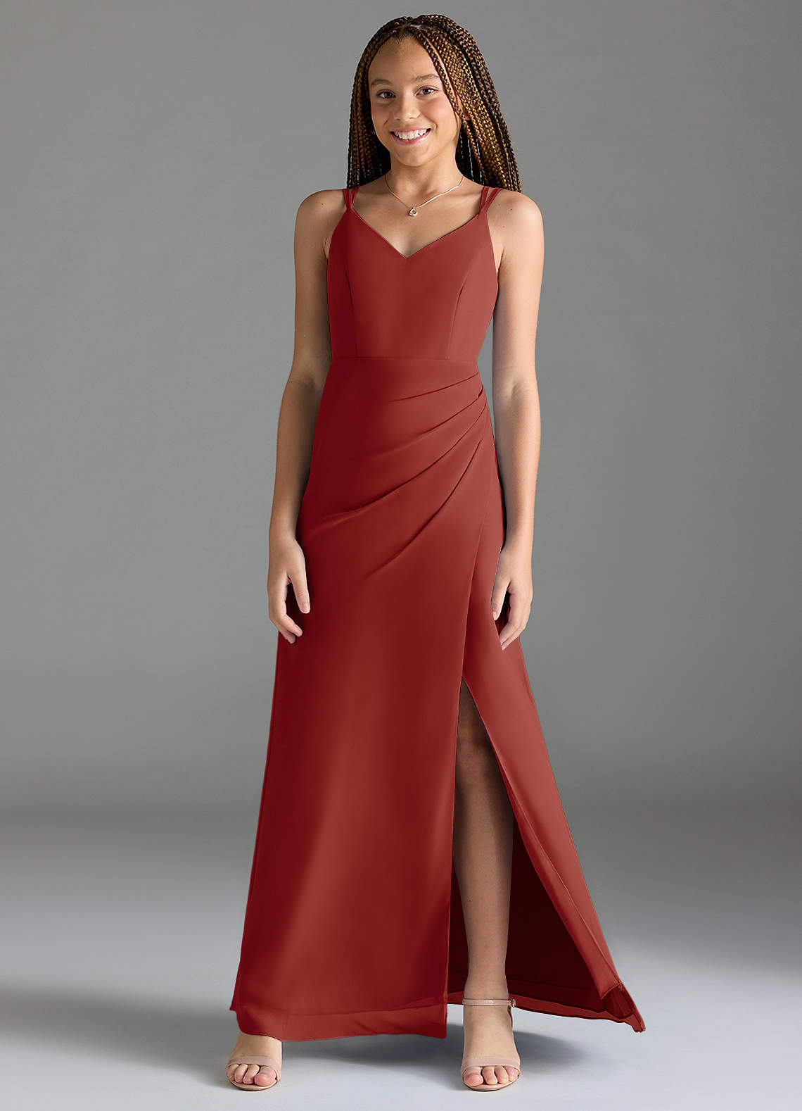 Azazie Leo Junior Terracotta Mermaid Pleated Chiffon Dress image1