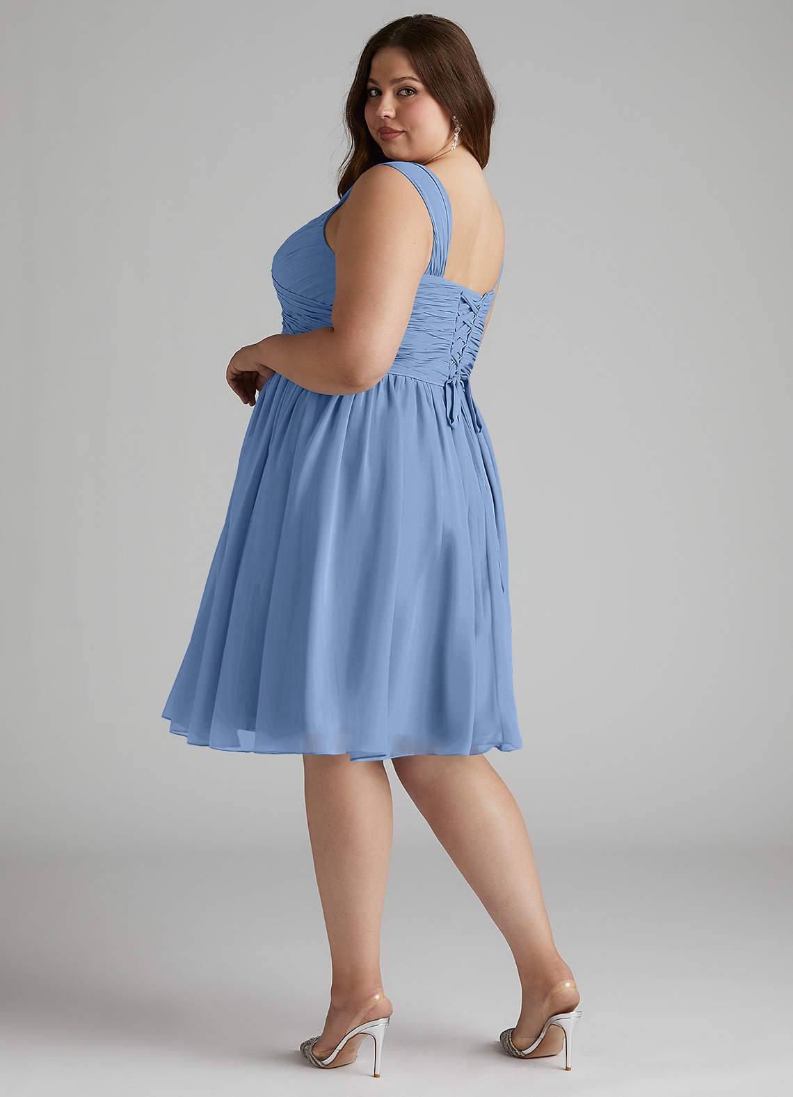 Azazie Plus Size A Line V Neck Knee Length Chiffon Bridesmaid Dresses Steel Blue