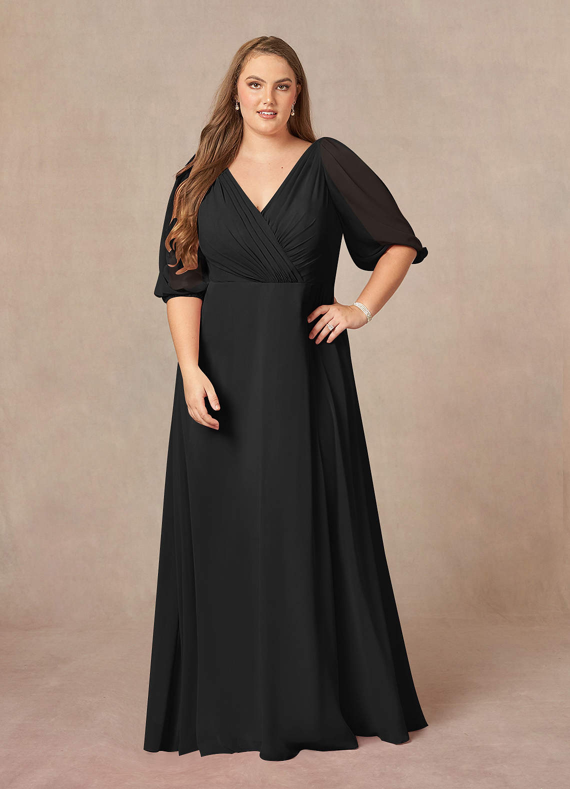 Azazie Bronwyn Mother of the Bride Dresses Black A-Line V-Neck Ruched Chiffon Dress image1