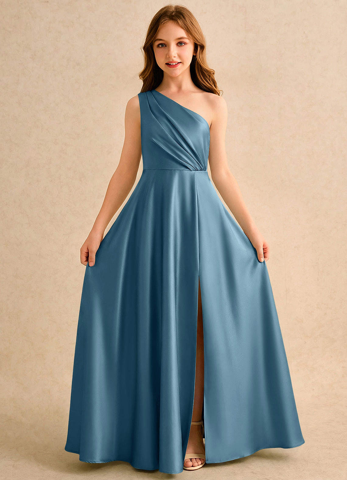 Azazie Puddles Girls Formal Robe Demoiselle D'honneur Fillette Robe Trapèze en Satin extensible Une épaule Bermude image4