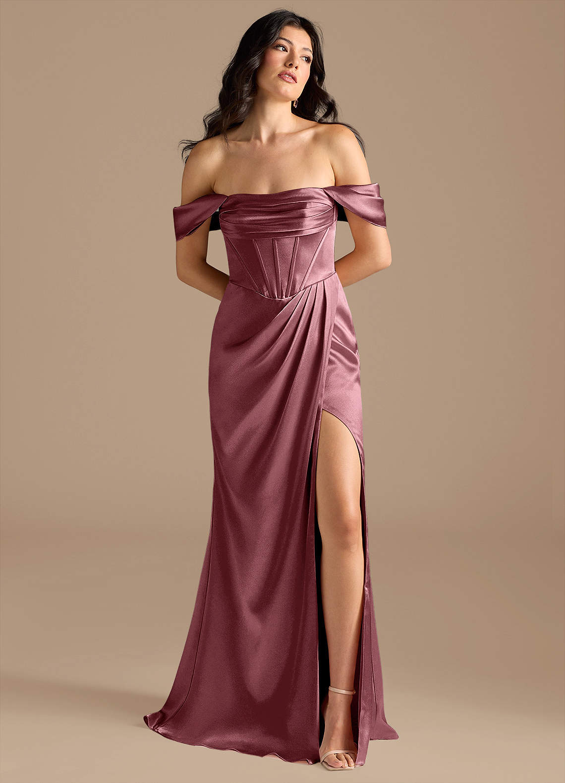 Azazie Lynden Bridesmaid Dresses Desert Rose Sheath Off the Shoulder Metallic Satin Convertible Dress image1