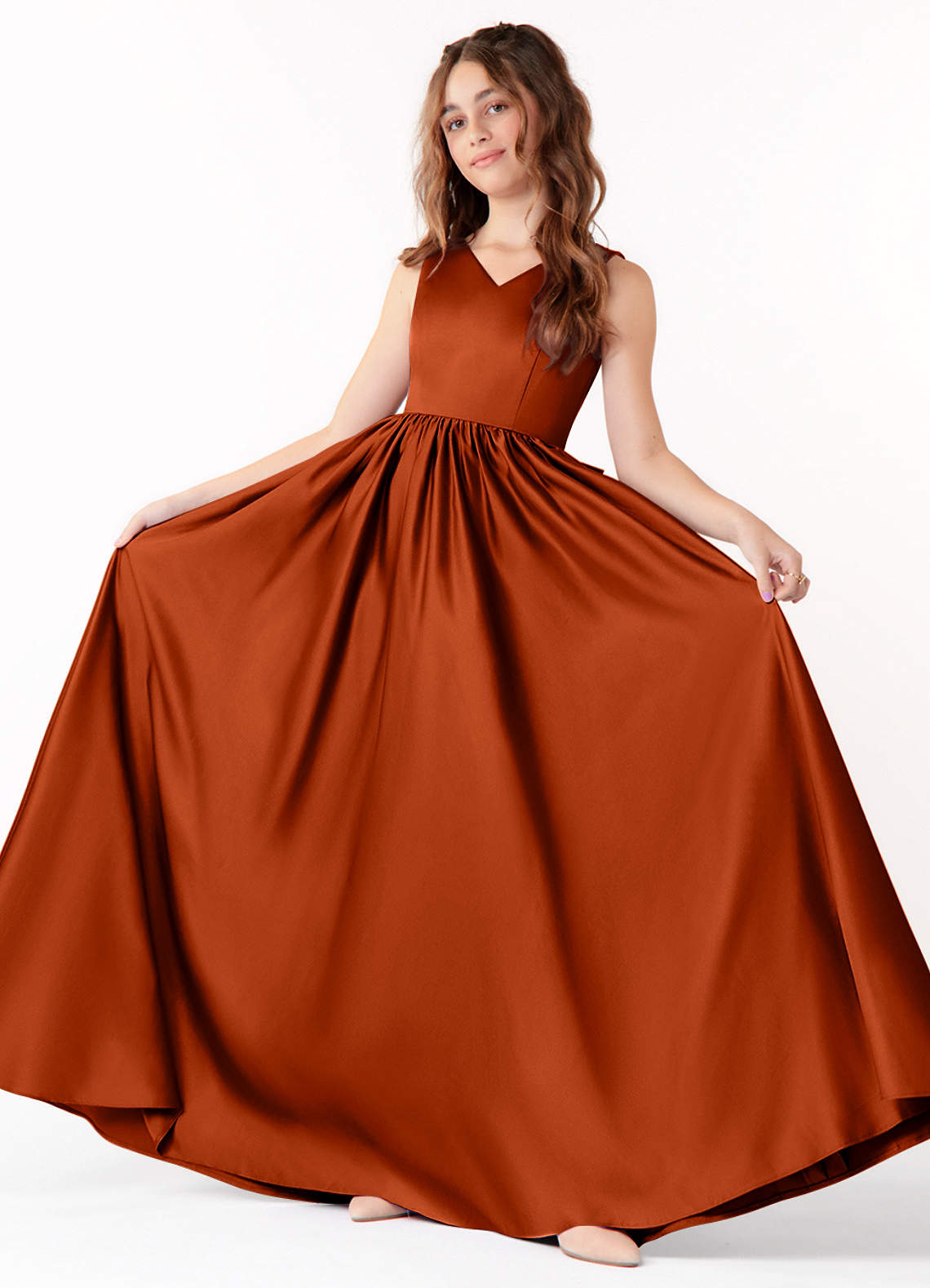 Azazie Hathaway Junior Paprika A-Line Bow Stretch Satin Dress image1