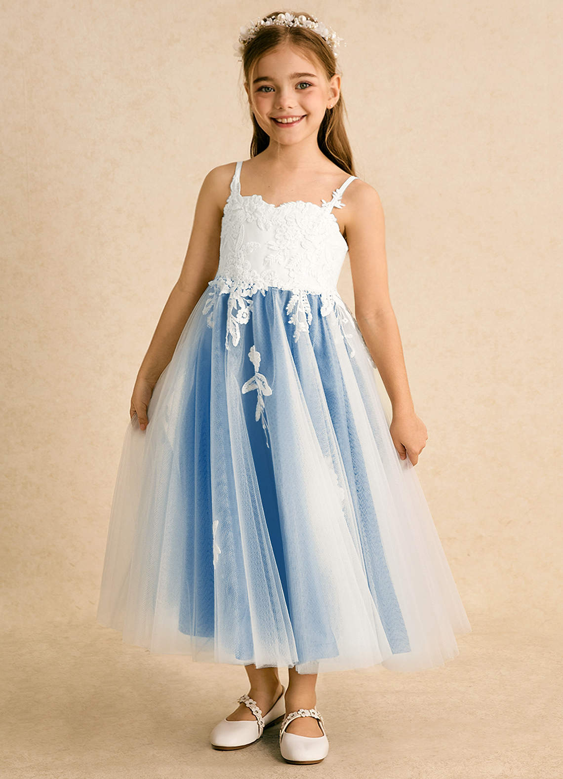 Azazie Coraline vestidos de niña de las flores Vestido de Marfil Azul Pastel de Encaje de Corte En A image1
