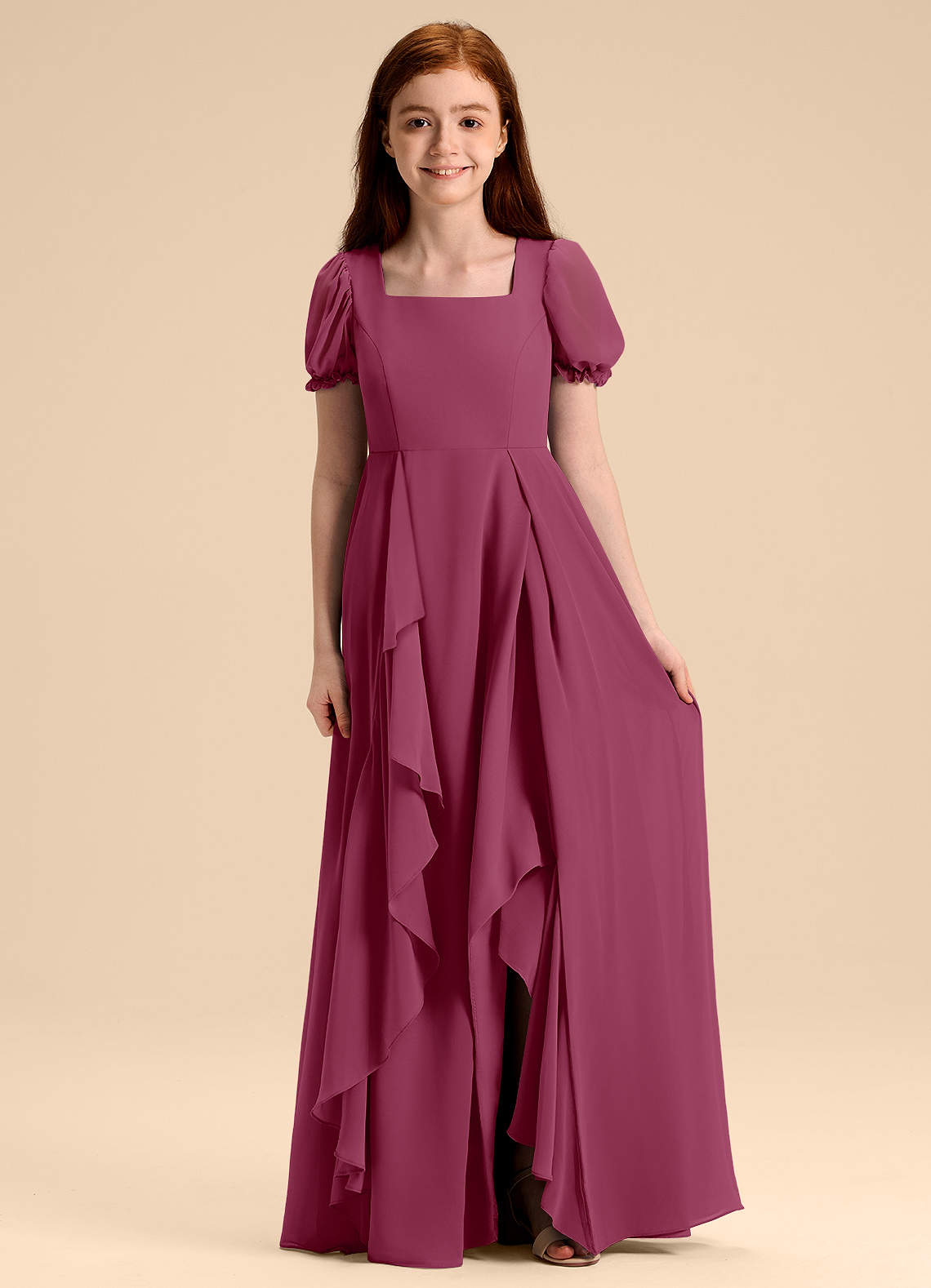 Azazie Priya Junior Abito A-Line in Chiffon Blusa Gelso image1