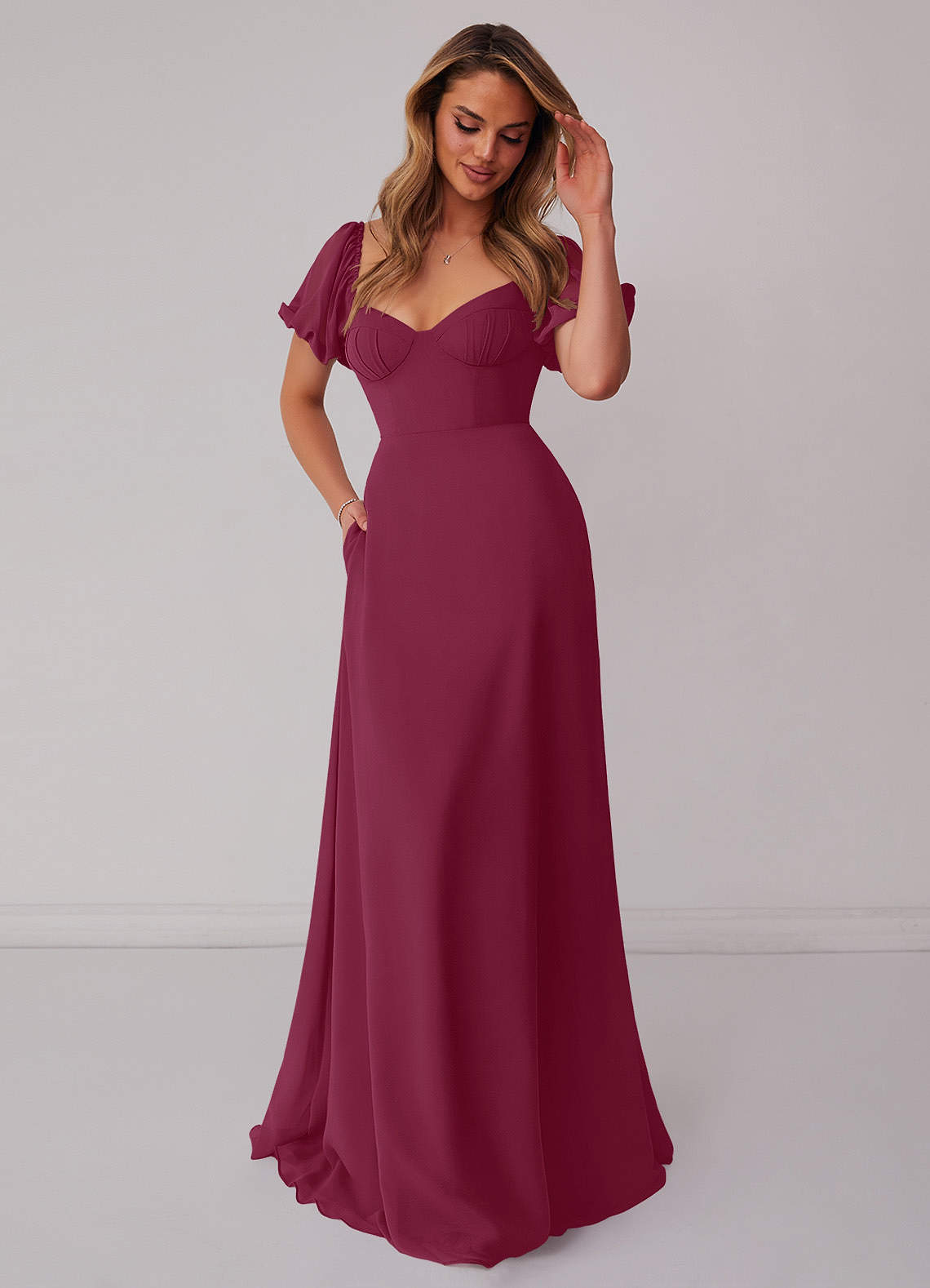 Mulberry Chiffon A-line Dress with Puff Sleeves Bridesmaid Dresses | Azazie