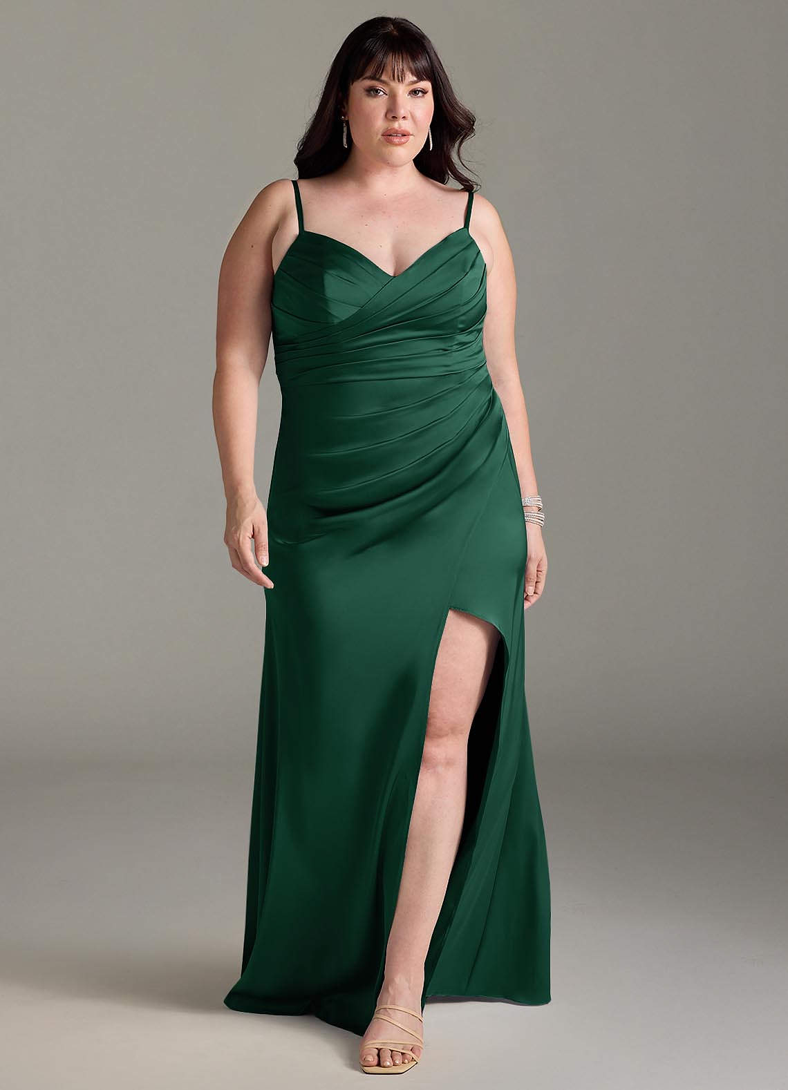Azazie Yola Bridesmaid Dresses Dark Green Sheath V-Neck Pleated Stretch Satin Convertible Dress image1