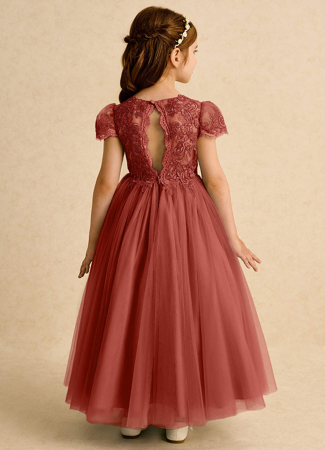 Azazie Puff Flower Girl Dresses Terracotta Ball-Gown Lace Tulle Dress image1